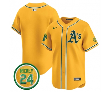 Men's Oakland Athletics Blank Yellow 2024 Limited With Rickey Henderson Patch Stitched Jersey