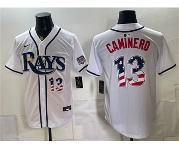 Men's Tampa Bay Rays #13 Junior Caminero White 2026 USA 250 Fourth of July Home Stitched Baseball Jersey