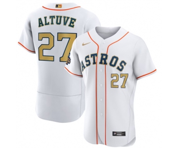 Men's Houston Astros #27 Jose Altuve 2023 White Gold World Series Champions Stitched FlexBase Authentic Nike Jersey