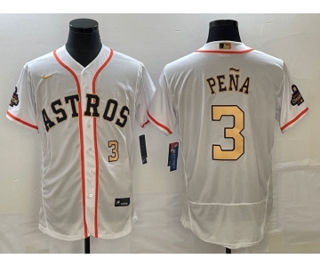 Men's Houston Astros #3 Jeremy Pena Number 2023 White Gold World Serise Champions Patch Flex Base Stitched Jersey1
