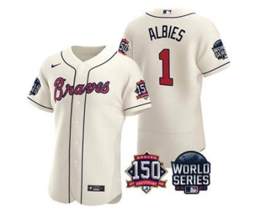Men's Atlanta Braves #1 Ozzie Albies 2021 Cream World Series Flex Base With 150th Anniversary Patch Baseball Jersey