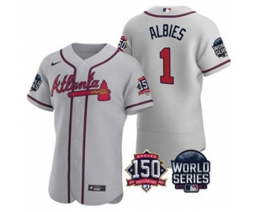 Men's Atlanta Braves #1 Ozzie Albies 2021 Gray World Series Flex Base With 150th Anniversary Patch Baseball Jersey