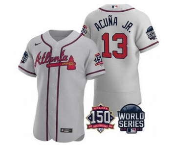 Men's Atlanta Braves #13 Ronald Acuna Jr. 2021 Gray World Series Flex Base With 150th Anniversary Patch Baseball Jersey