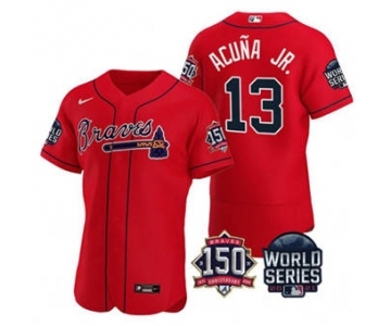 Men's Atlanta Braves #13 Ronald Acuna Jr. 2021 Red World Series Flex Base With 150th Anniversary Patch Baseball Jersey