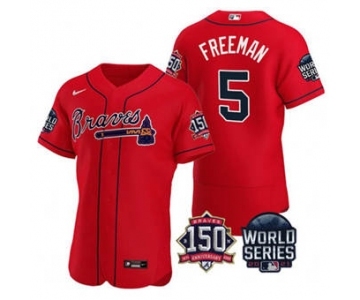 Men's Atlanta Braves #5 Freddie Freeman 2021 Red World Series Flex Base With 150th Anniversary Patch Baseball Jersey