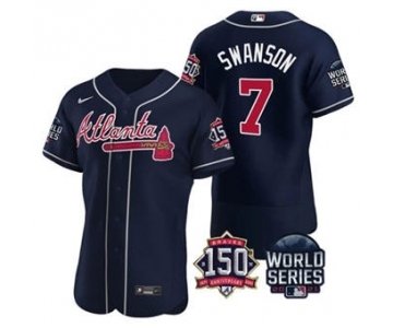 Men's Atlanta Braves #7 Dansby Swanson 2021 Navy World Series Flex Base With 150th Anniversary Patch Baseball Jersey