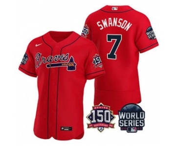 Men's Atlanta Braves #7 Dansby Swanson 2021 Red World Series Flex Base With 150th Anniversary Patch Baseball Jersey