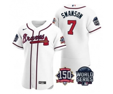 Men's Atlanta Braves #7 Dansby Swanson 2021 White World Series Flex Base With 150th Anniversary Patch Baseball Jersey