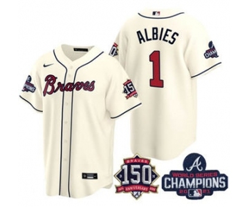 Men's Atlanta Braves #1 Ozzie Albies 2021 Cream World Series Champions With 150th Anniversary Patch Cool Base Stitched Jersey