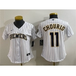 Women's Milwaukee Brewers #11 Jackson Chourio White Cool Base Stitched Baseball Jersey Women's Milwaukee Brewers #11 Jackson Chourio White Cool Base Stitched Baseball Jersey