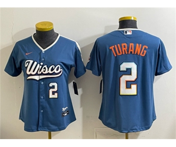 Women's Milwaukee Brewers #2 Brice Turang Mineral Blue 2026 City Connect Stadium Stitched Baseball Jersey