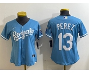 Women's Kansas City Royals #13 Salvador Perez Light Blue Cool Base Stitched Jersey