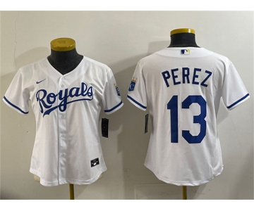 Women's Kansas City Royals #13 Salvador Perez White Cool Base Stitched Jersey