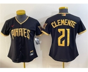 Women's Pittsburgh Pirates #21 Roberto Clemente Black 2026 City Connect Stadium Stitched Baseball Jersey Women's Pittsburgh Pirates #21 Roberto Clemente Black 2026 City Connect Stadium Stitched Baseball Jersey