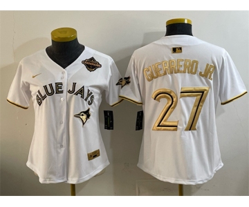 Women's Toronto Blue Jays #27 Vladimir Guerrero Jr. White Gold 2025 American League Champions Limited Stitched Baseball Jersey