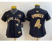 Women's Toronto Blue Jays #4 George Springer Black Gold 2025 American League Champions Limited Stitched Baseball Jersey Women's Toronto Blue Jays #4 George Springer Black Gold 2025 American League Champions Limited Stitched Baseball Jersey