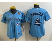 Women's Toronto Blue Jays #4 George Springer Blue 2025 World Series Cool Base Stitched Baseball Jersey Women's Toronto Blue Jays #4 George Springer Blue 2025 World Series Cool Base Stitched Baseball Jersey