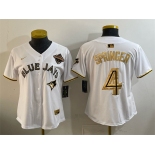 Women's Toronto Blue Jays #4 George Springer White Gold 2025 American League Champions Limited Stitched Baseball Jersey Women's Toronto Blue Jays #4 George Springer White Gold 2025 American League Champions Limited Stitched Baseball Jersey
