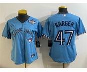 Women's Toronto Blue Jays #47 Addison Barger Blue 2025 World Series Cool Base Stitched Baseball Jersey Women's Toronto Blue Jays #47 Addison Barger Blue 2025 World Series Cool Base Stitched Baseball Jersey