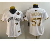 Women's Toronto Blue Jays #57 Shane Bieber White Gold 2025 American League Champions Limited Stitched Baseball Jersey Women's Toronto Blue Jays #57 Shane Bieber White Gold 2025 American League Champions Limited Stitched Baseball Jersey