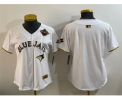 Women's Toronto Blue Jays Blank White Gold 2025 American League Champions Limited Stitched Baseball Jersey Women's Toronto Blue Jays Blank White Gold 2025 American League Champions Limited Stitched Baseball Jersey