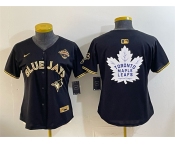 Women's Toronto Blue Jays & Leafs Black Gold 2025 American League Champions With White Leafs Logo Limited Stitched Baseball Jersey Women's Toronto Blue Jays & Leafs Black Gold 2025 American League Champions With White Leafs Logo Limited Stitched Baseball Jersey