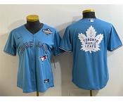 Women's Toronto Blue Jays & Leafs Blue 2025 World Series With White Leafs Logo Cool Base Stitched Baseball Jersey Women's Toronto Blue Jays & Leafs Blue 2025 World Series With White Leafs Logo Cool Base Stitched Baseball Jersey