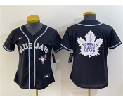 Women's Toronto Blue Jays & Leafs With White Leafs Logo 2026 Fashion Replica Black Out Stitched Baseball Jersey Women's Toronto Blue Jays & Leafs With White Leafs Logo 2026 Fashion Replica Black Out Stitched Baseball Jersey