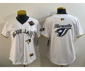 Women's Toronto Blue Jays Team Big Logo White Gold 2025 American League Champions Limited Stitched Baseball Jersey Women's Toronto Blue Jays Team Big Logo White Gold 2025 American League Champions Limited Stitched Baseball Jersey