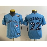 Youth Toronto Blue Jays #22 Ernie Clement Blue 2025 World Series Cool Base Stitched Baseball Jersey Youth Toronto Blue Jays #22 Ernie Clement Blue 2025 World Series Cool Base Stitched Baseball Jersey