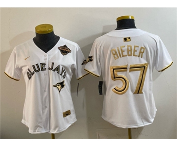 Youth Toronto Blue Jays #57 Shane Bieber White Gold 2025 American League Champions Limited Stitched Jersey