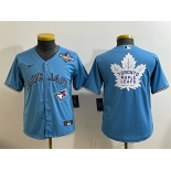 Youth Toronto Blue Jays & Leafs Blue 2025 World Series With White Leafs Logo Cool Base Stitched Baseball Jersey Youth Toronto Blue Jays & Leafs Blue 2025 World Series With White Leafs Logo Cool Base Stitched Baseball Jersey