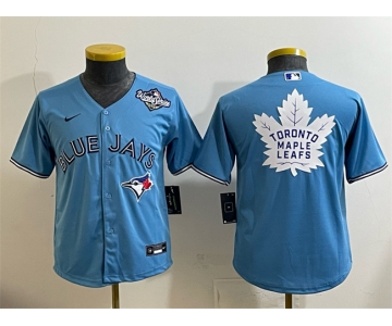 Youth Toronto Blue Jays & Leafs Blue 2025 World Series With White Leafs Logo Cool Base Stitched Baseball Jersey