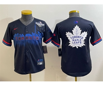 Youth Toronto Blue Jays & Leafs Navy 2025 World Series City Connect With White Leafs Logo Limited Stitched Baseball Jersey