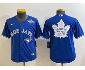 Youth Toronto Blue Jays & Leafs Royal 2025 World Series With White Leafs Logo Cool Base Stitched Baseball Jersey Youth Toronto Blue Jays & Leafs Royal 2025 World Series With White Leafs Logo Cool Base Stitched Baseball Jersey