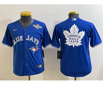 Youth Toronto Blue Jays & Leafs Royal 2025 World Series With White Leafs Logo Cool Base Stitched Baseball Jersey