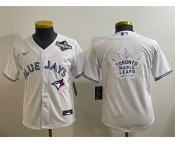 Youth Toronto Blue Jays & Leafs White 2025 World Series With White Leafs Logo Cool Base Stitched Baseball Jersey Youth Toronto Blue Jays & Leafs White 2025 World Series With White Leafs Logo Cool Base Stitched Baseball Jersey