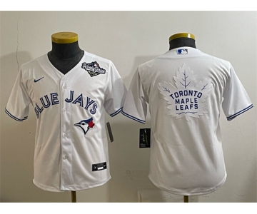 Youth Toronto Blue Jays & Leafs White 2025 World Series With White Leafs Logo Cool Base Stitched Baseball Jersey