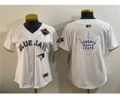 Youth Toronto Blue Jays & Leafs White Gold 2025 American League Champions With White Leafs Logo Limited Stitched Baseball Jersey Youth Toronto Blue Jays & Leafs White Gold 2025 American League Champions With White Leafs Logo Limited Stitched Baseball Jersey