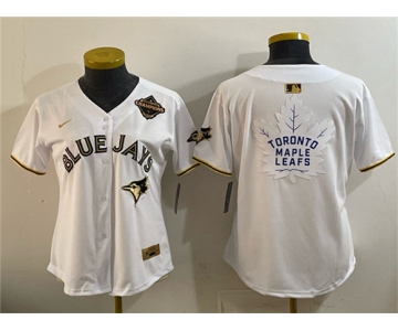Youth Toronto Blue Jays & Leafs White Gold 2025 American League Champions With White Leafs Logo Limited Stitched Baseball Jersey