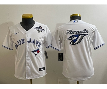 Youth Toronto Blue Jays Team Big Logo White 2025 World Series Home Cool Base Stitched Baseball Jersey