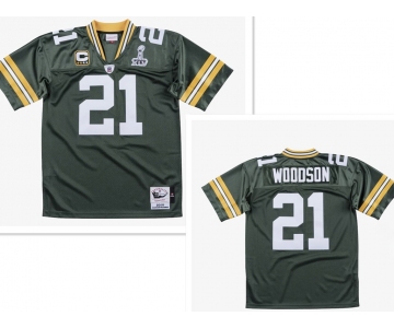 Men's Green Bay Packers #21 Charles Woodson Green With 2-star captains' patch and Super Bowl XLV patch 2010 Throwback Jersey