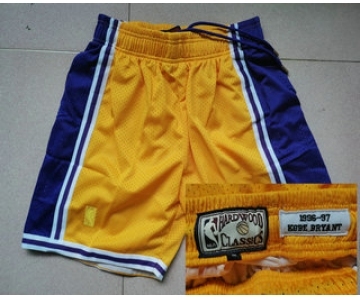 Men's Los Angeles Lakers #24 Kobe Bryant 1996-97 Yellow Hardwood Classics Soul Swingman Throwback Shorts