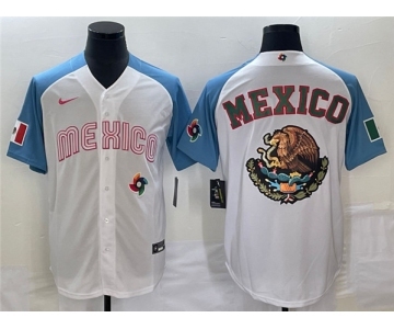 Men's Mexico Baseball 2023 White Blue Team Big Logo World Baseball Classic Stitched Jersey