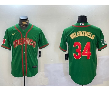 Men's Mexico Baseball #34 Fernando Valenzuela 2023 Green Gold World Classic Stitched Jersey