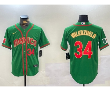 Men's Mexico Baseball #34 Fernando Valenzuela Number 2023 Green Gold World Classic Stitched Jersey