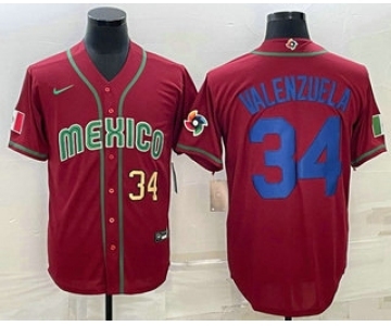 Men's Mexico Baseball #34 Fernando Valenzuela Number 2023 Red Blue World Baseball Classic Stitched Jersey2