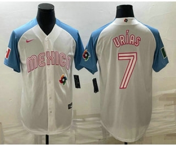 Men's Mexico Baseball #7 Julio Urias 2023 White Blue World Classic Stitched Jersey6