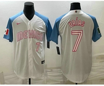 Men's Mexico Baseball #7 Julio Urias Number 2023 White Blue World Classic Stitched Jersey2