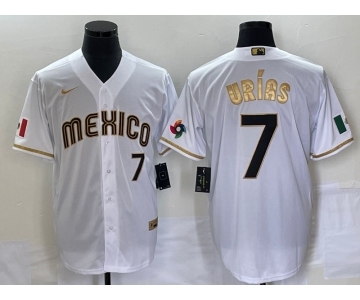 Men's Mexico Baseball #7 Julio Urias Number 2023 White Gold World Baseball Classic Stitched Jersey